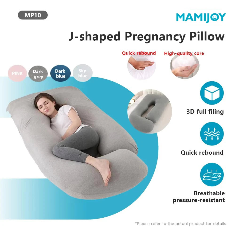Mamijoy J-shaped pregnancy pillow with features highlighted on a white background.