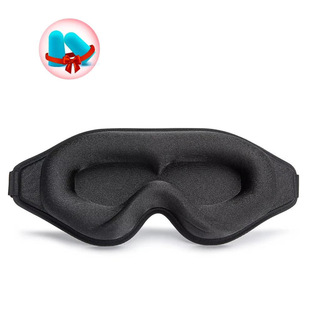 Black sleeping eye mask with measurements with free ear plugs.