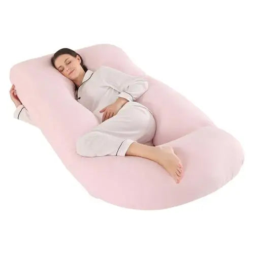 Pink J-shaped pregnancy pillow.
