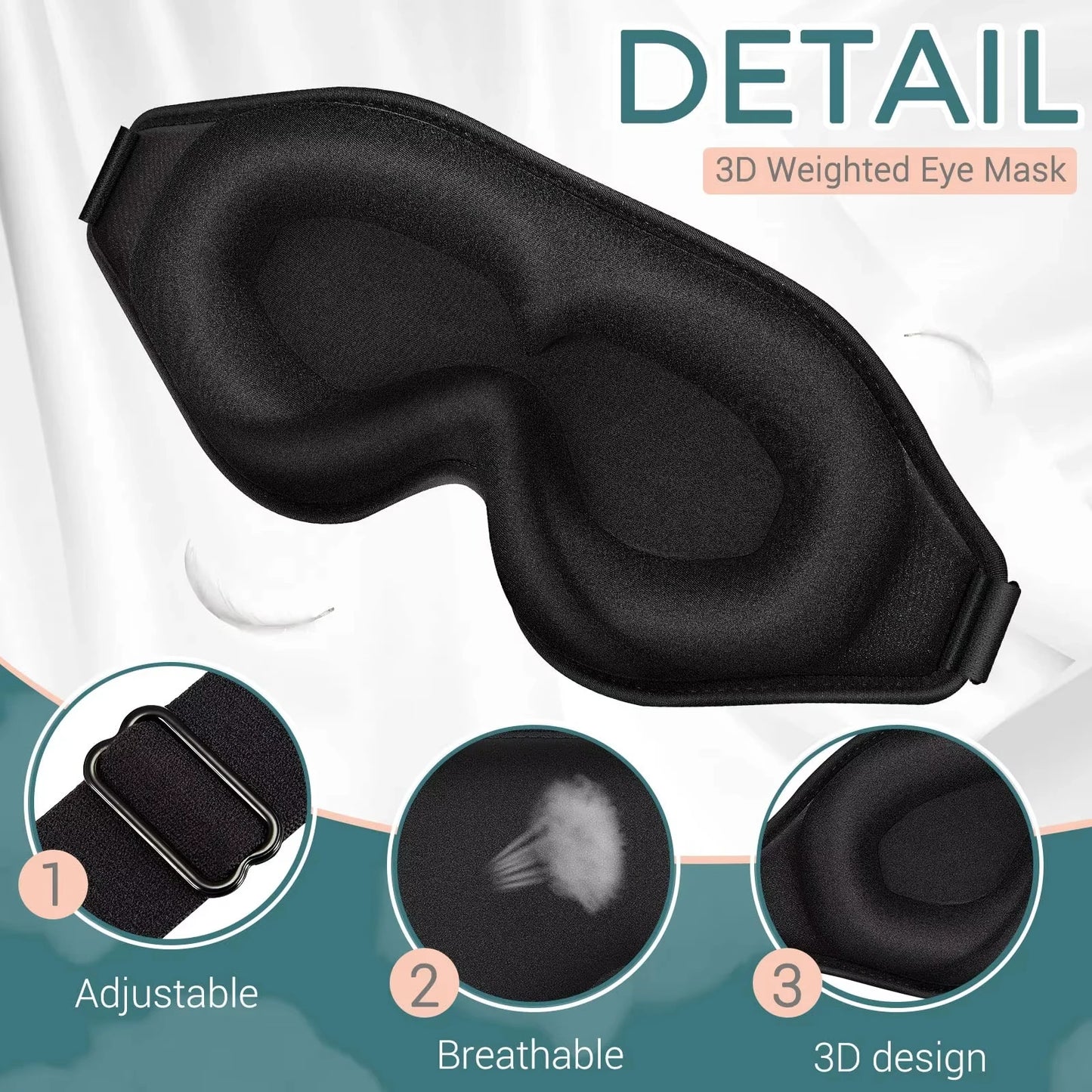Black 3D sleeping eye mask with adjustable strap, breathable material, and 3D design.
