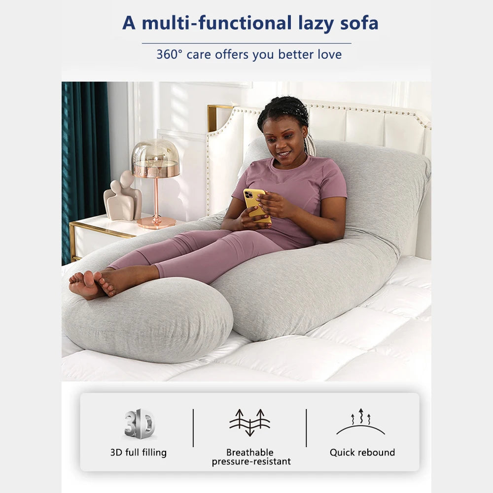 J shaped pregnancy pillow functions as a sofa offering 360 degree care.