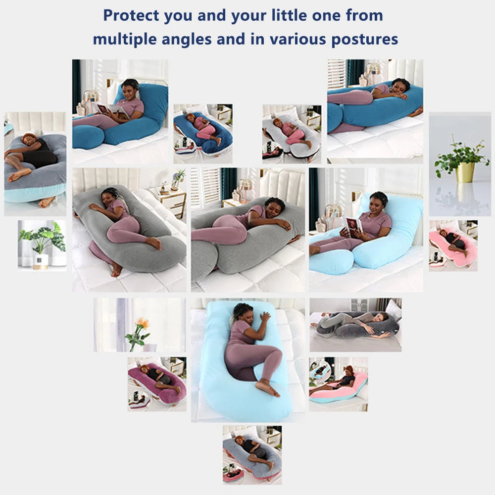 J shaped pregnancy pillow can be used for many different postures offering mothers comfortable sleep.
