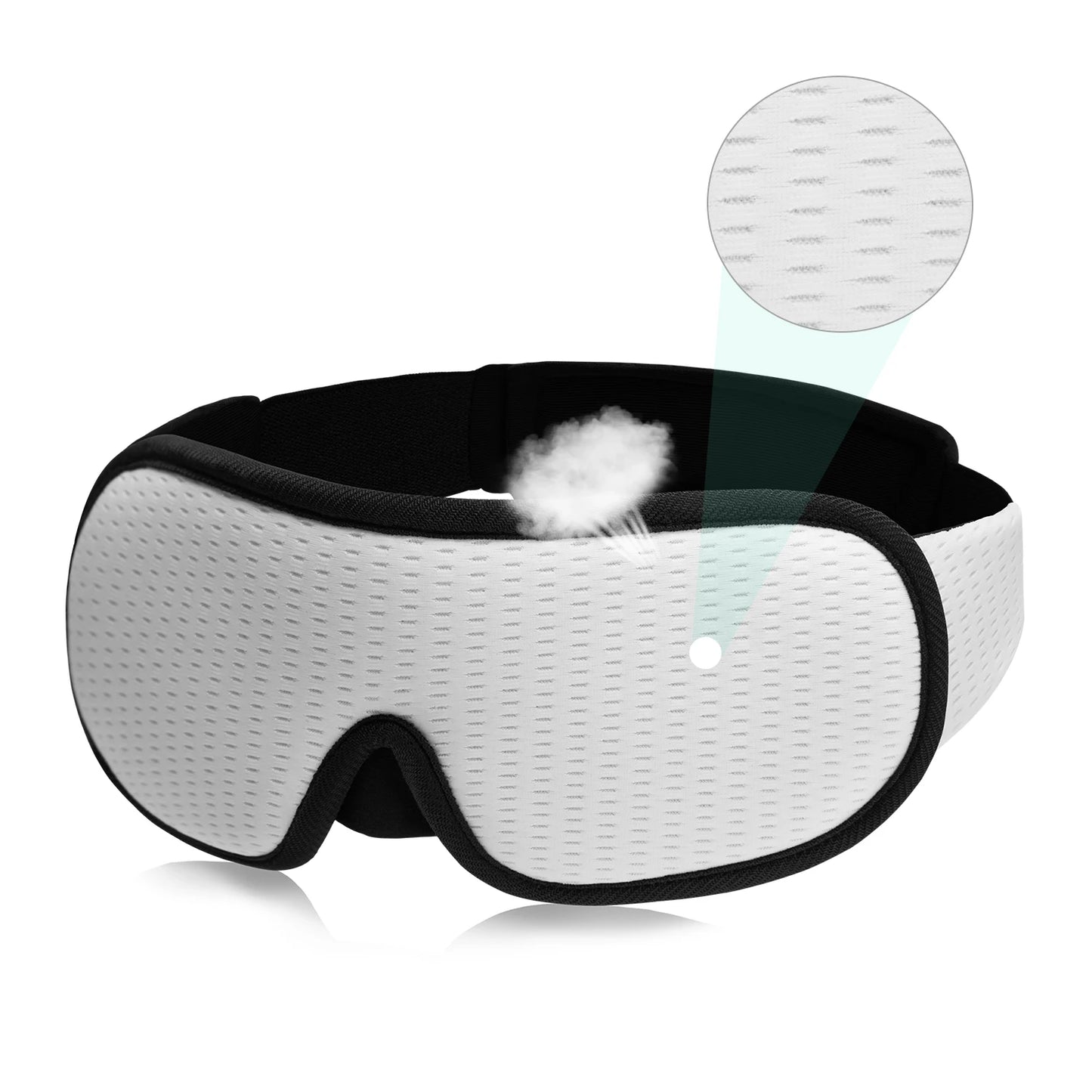 White sleeping eye mask with black straps.