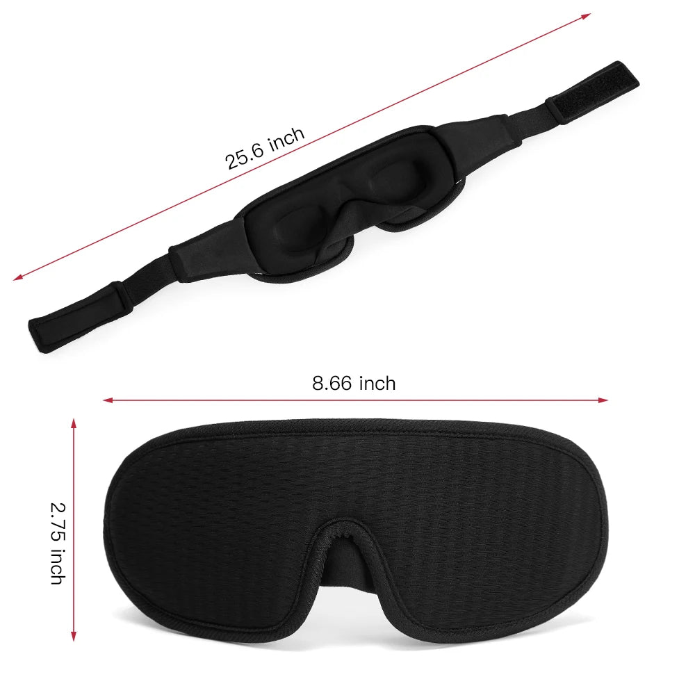 Black sleep eye mask with measurements.