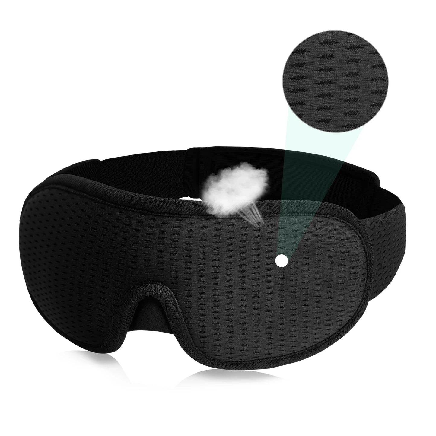 Black sleeping eye mask with black straps.