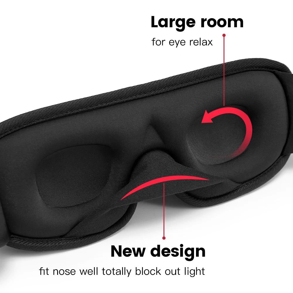 Black sleep mask with nose contour support and eye socket gap so doesnt interfere with eyelash.