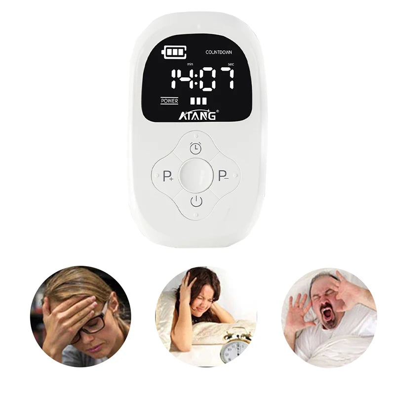 Sleeping device uses Cranial Electrotherapy Stimulation (CES) therapy to reduce tension, reduce stress, reduce anxiety, improve mood, emotions, insomnia.