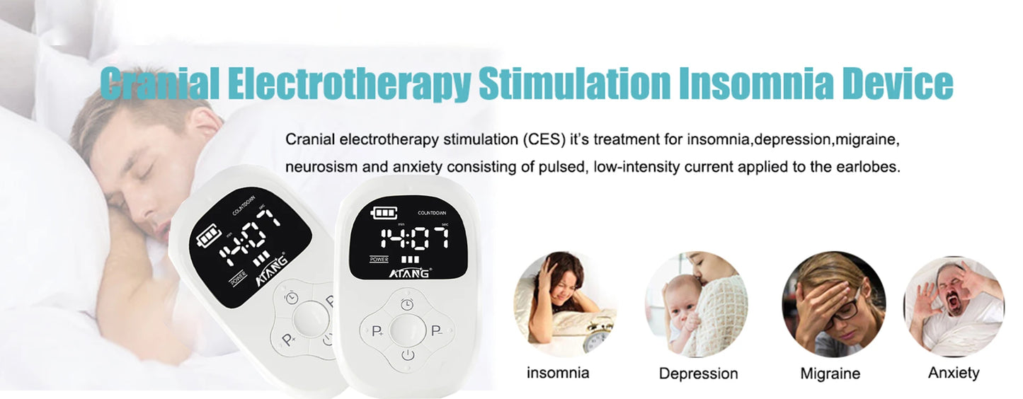 Sleeping device uses Cranial Electrotherapy Stimulation (CES) therapy to reduce tension, reduce stress, reduce anxiety, improve mood, emotions, insomnia. Ease insomnia, depression, migraine, neurosis and anxiety.