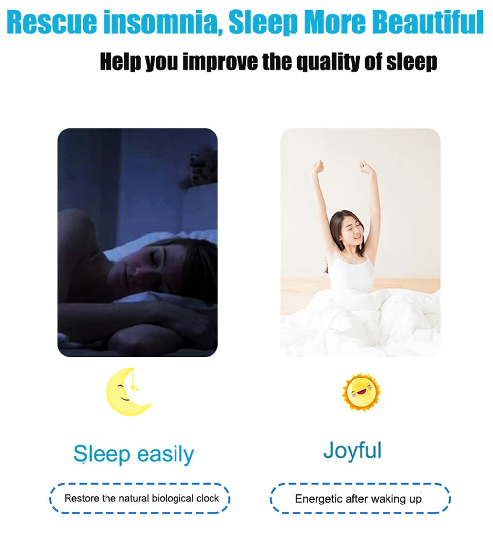 Sleeping device uses Cranial Electrotherapy Stimulation (CES) therapy to reduce tension, reduce stress, reduce anxiety, improve mood, emotions, insomnia