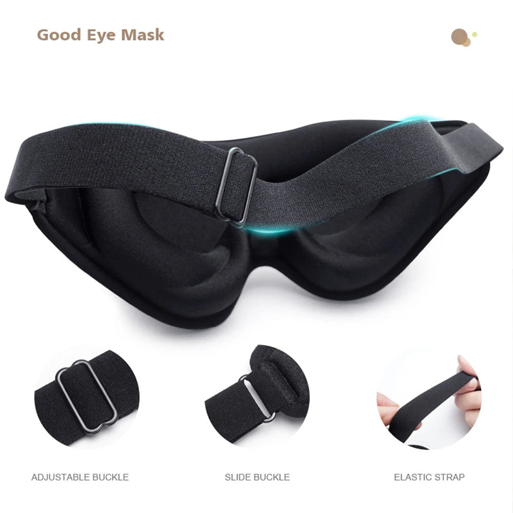 Black eye mask with adjustable buckles and elastic strap for a comfortable wear.