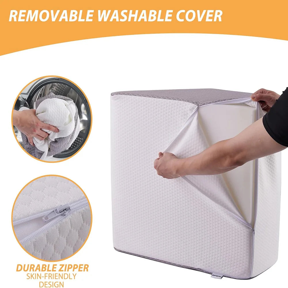 Mattress protector with washable cover and durable zipper, shown with a person opening the cover.