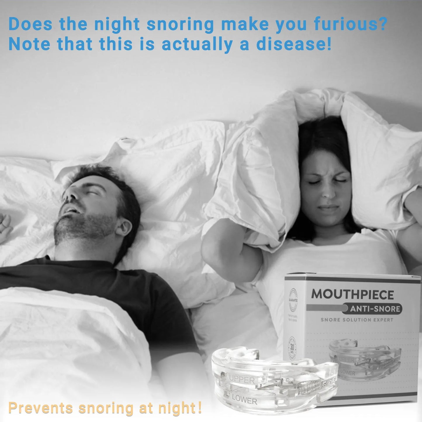 Person using a mouthpiece anti-snore device with text about snoring and a mouthpiece product.