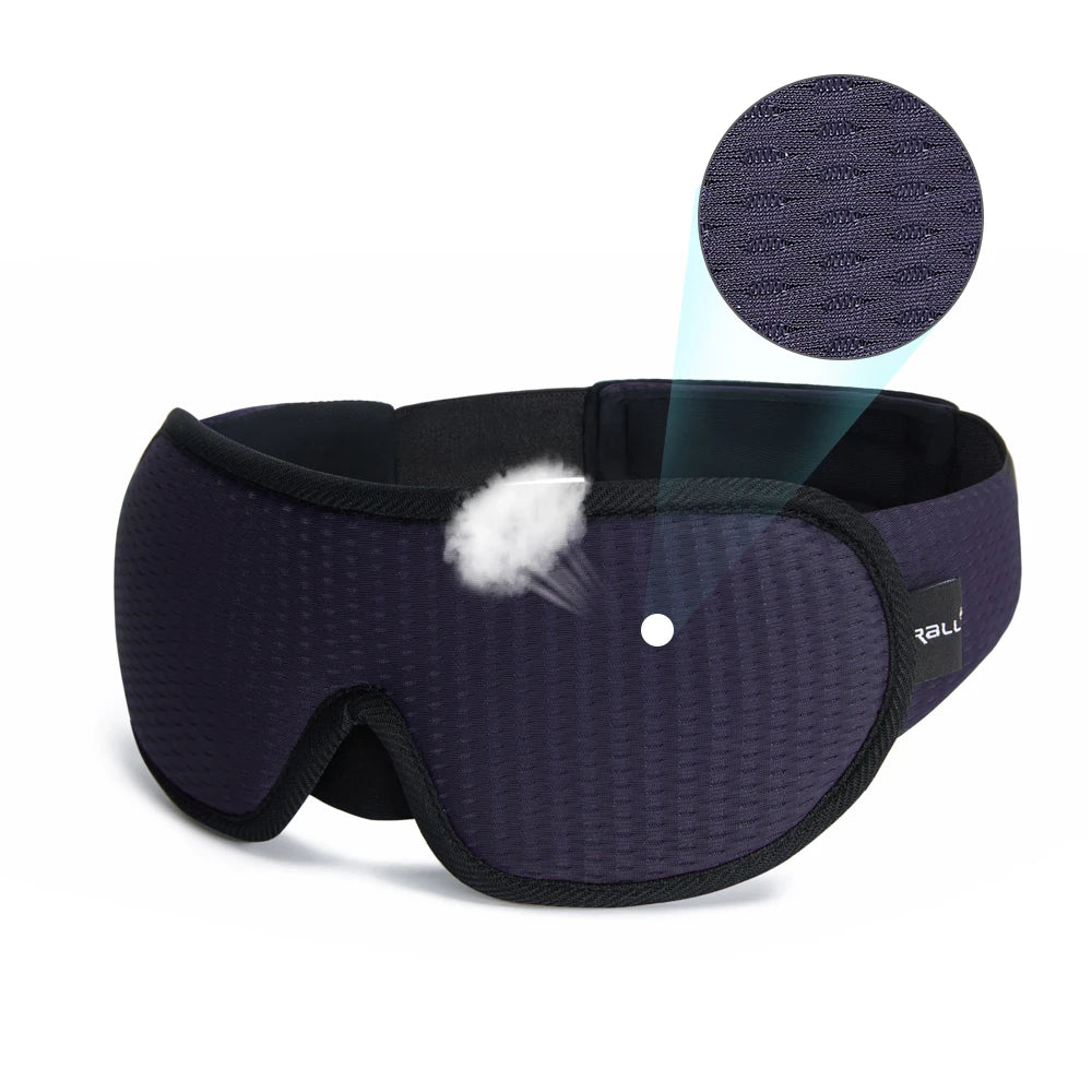 Blue sleeping eye mask with black straps.