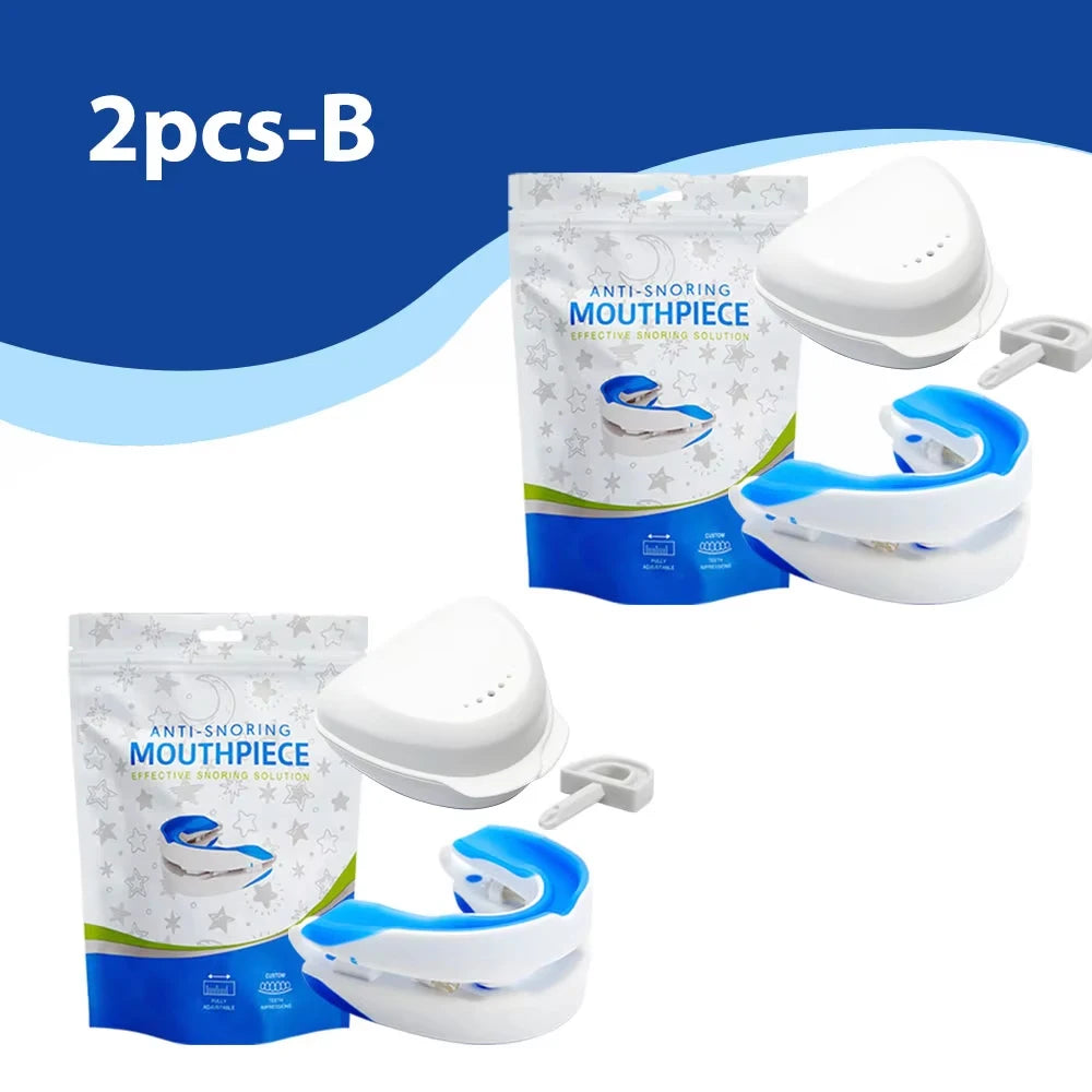 Two anti-snoring mouthpieces with packaging on a white background