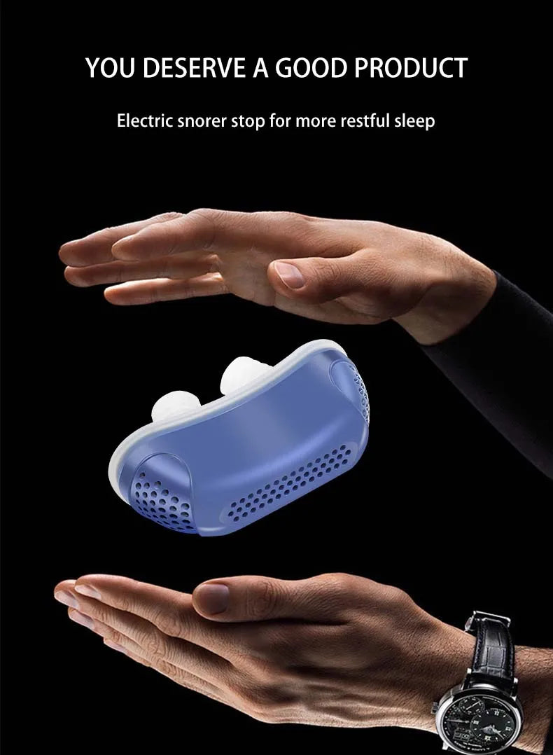 Electric anti-snoring device smaller than the size of an adult palm.