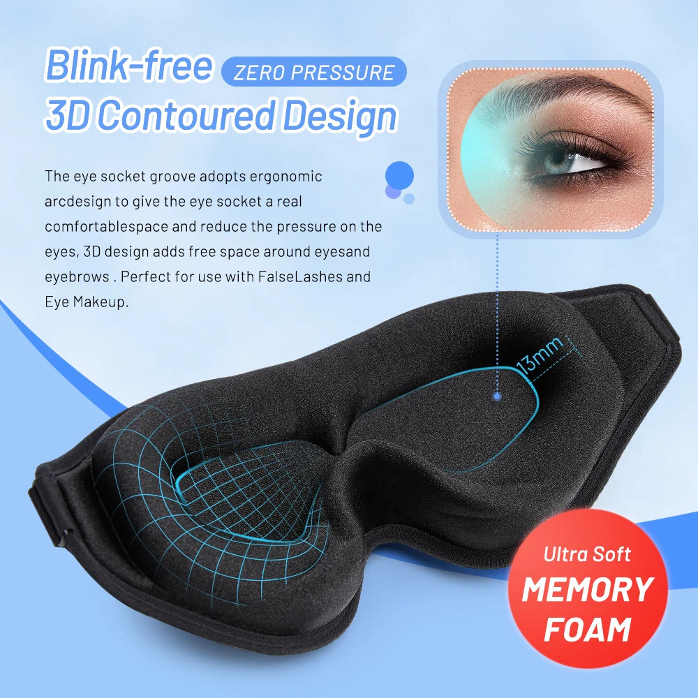 Black eye mask with 3D contoured design and soft memory foam. It also has eye socket groove gives users comfort and space around the eyes.