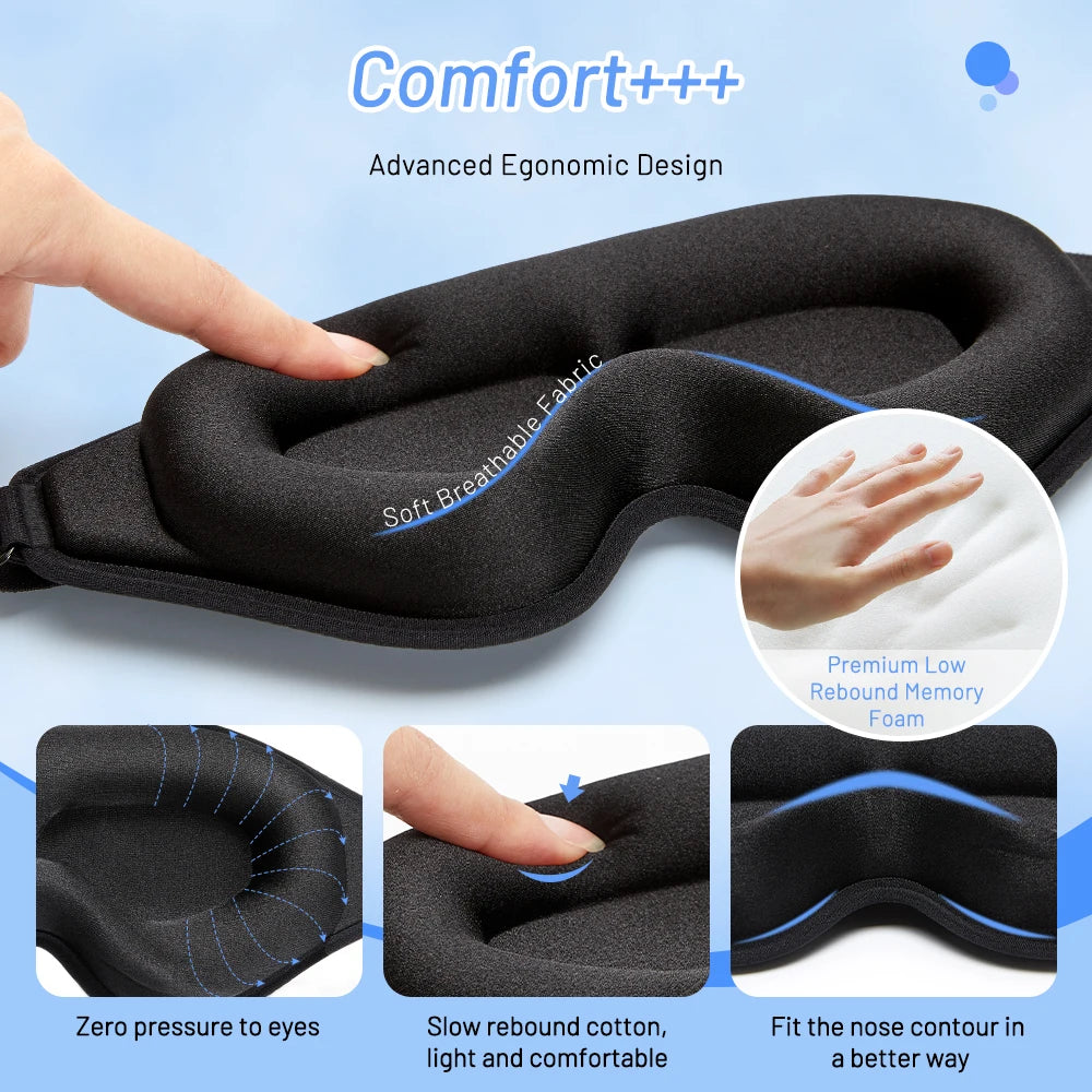 Black sleep mask with breathable fabric and ergonomic design , providing zero pressure to eyes and fit the nose contour for ease of use.