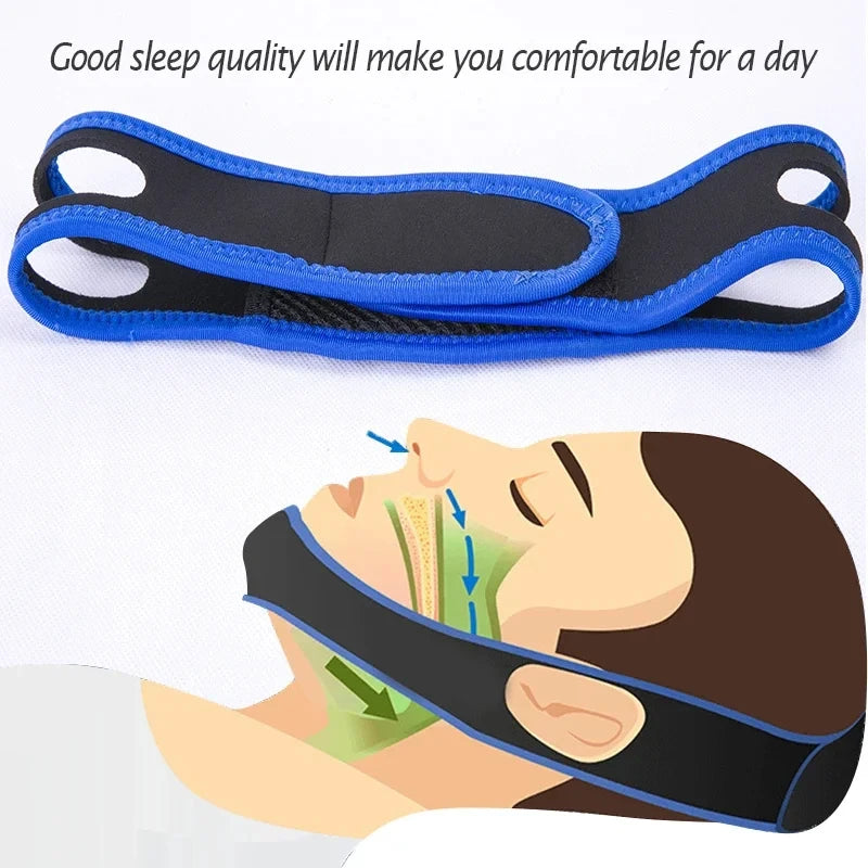 Anti snoring chin strap with a diagram of its use on a person's neck. Improves quality of sleep.