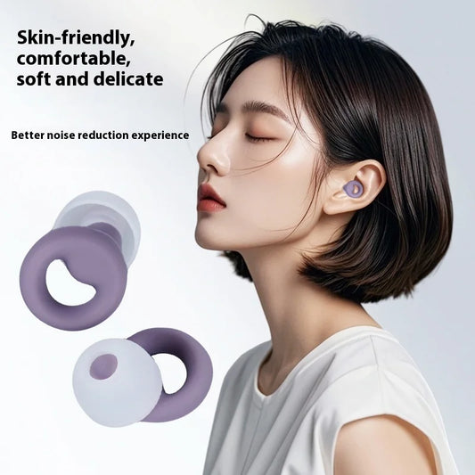 Woman wearing a fitting noise reduction purple earbud to help sleep.