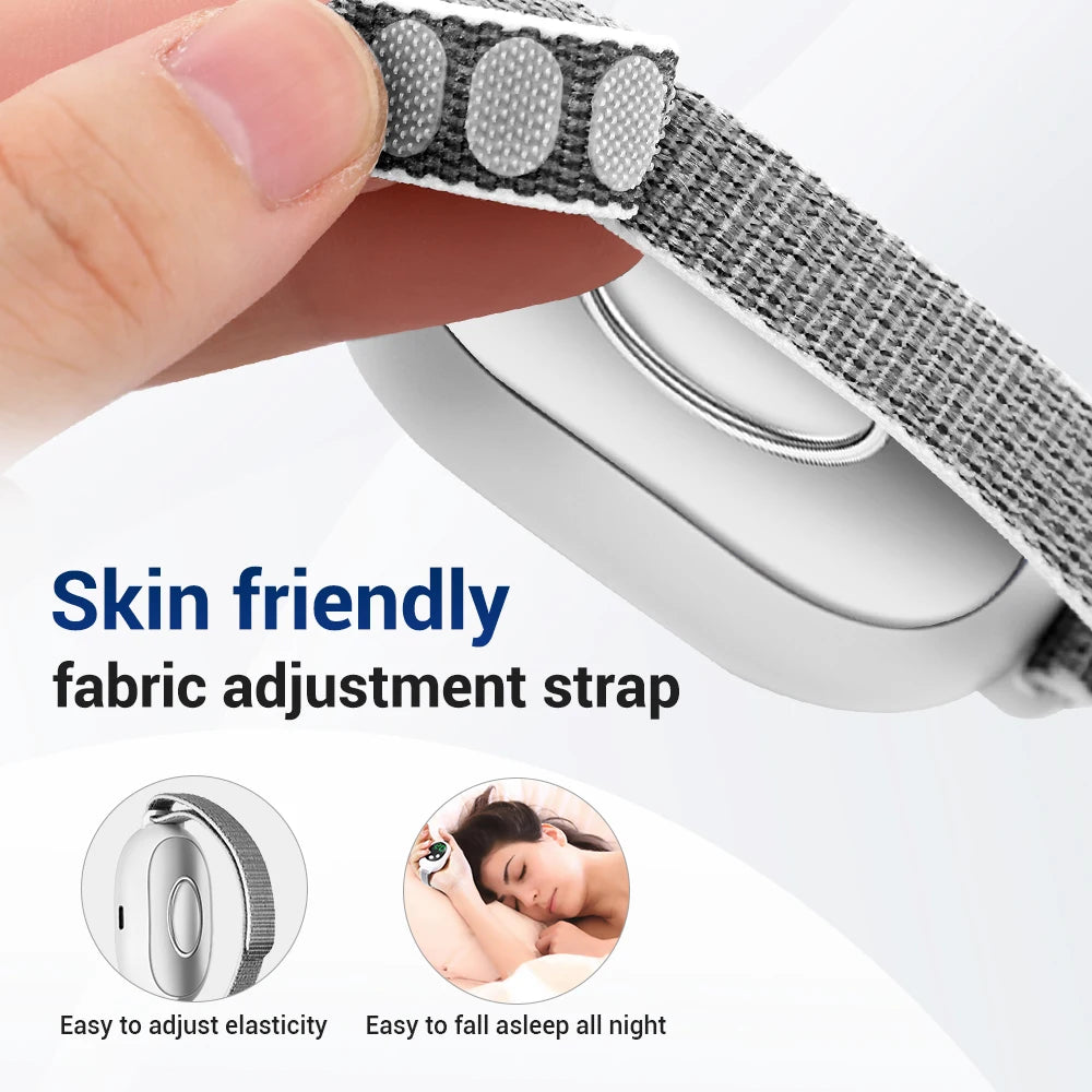 Cranial Electrotherapy Stimulation (CES) device with skin friendly fabric adjustment strap. Comfortable, easy to fall asleep all night.