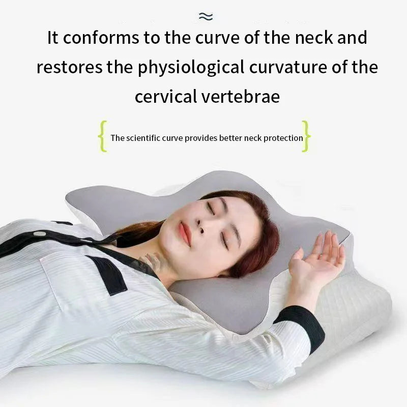 Person using a neck pillow with text about conforming to neck curve and restoring cervical vertebrae.