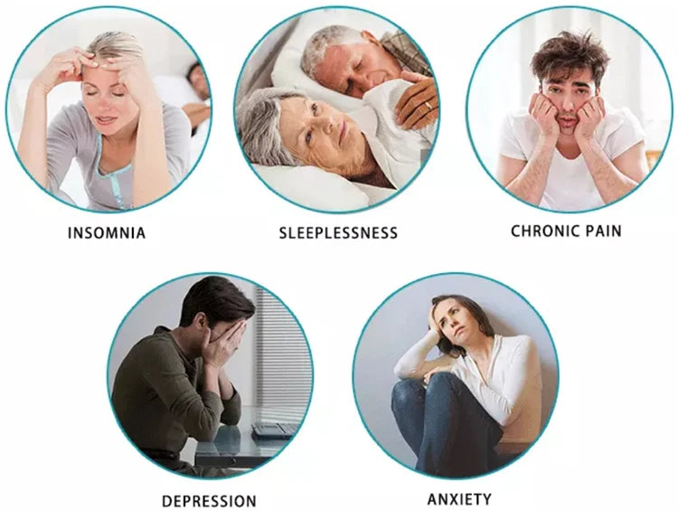 Illustrations of people experiencing insomnia, sleeplessness, chronic pain, depression, and anxiety.