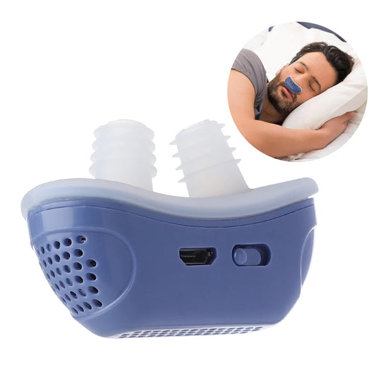 Electric anti-snoring device with a man wearing it while having a good sleep