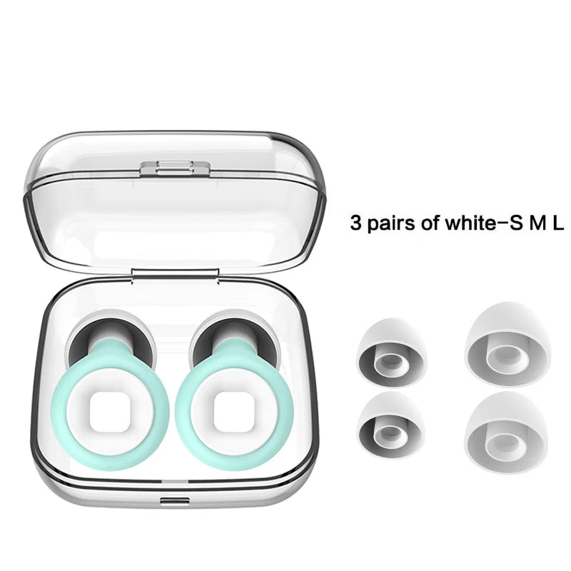 Clear case with wireless earbuds and three pairs of white earbud tips on a white background.