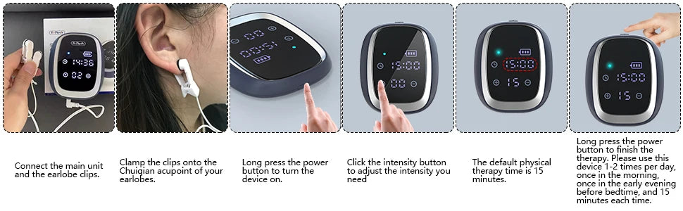 Diagram showing the steps to activate and use the KTS CES 2.0 Micro-current sleep device.