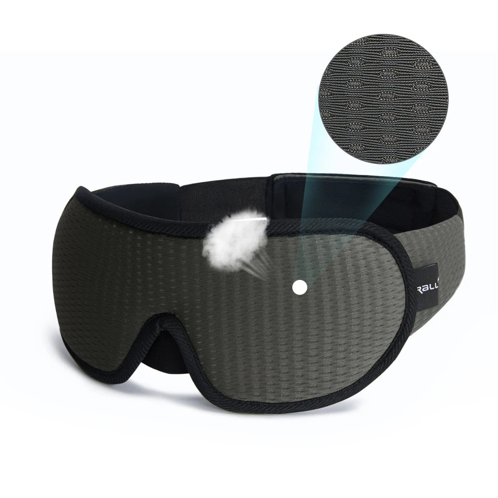 Grey sleeping eye mask with black straps.