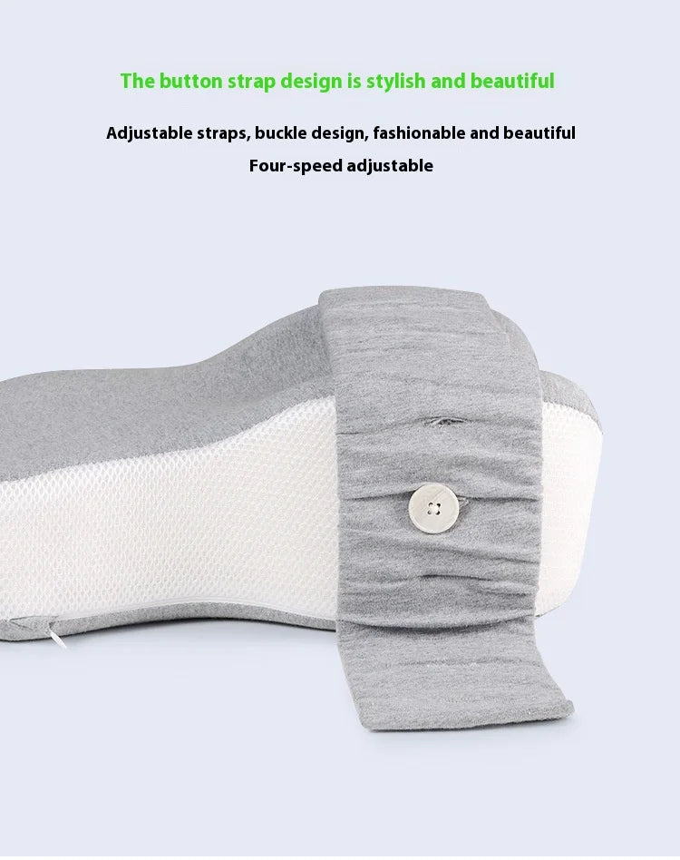 Adjust the strap of the leg pillow using the button. Four adjustable holes.