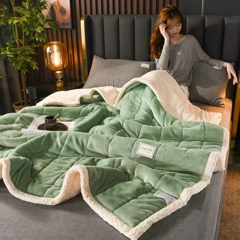 Woman resting on bed wit the milk fleece weighted blanket.