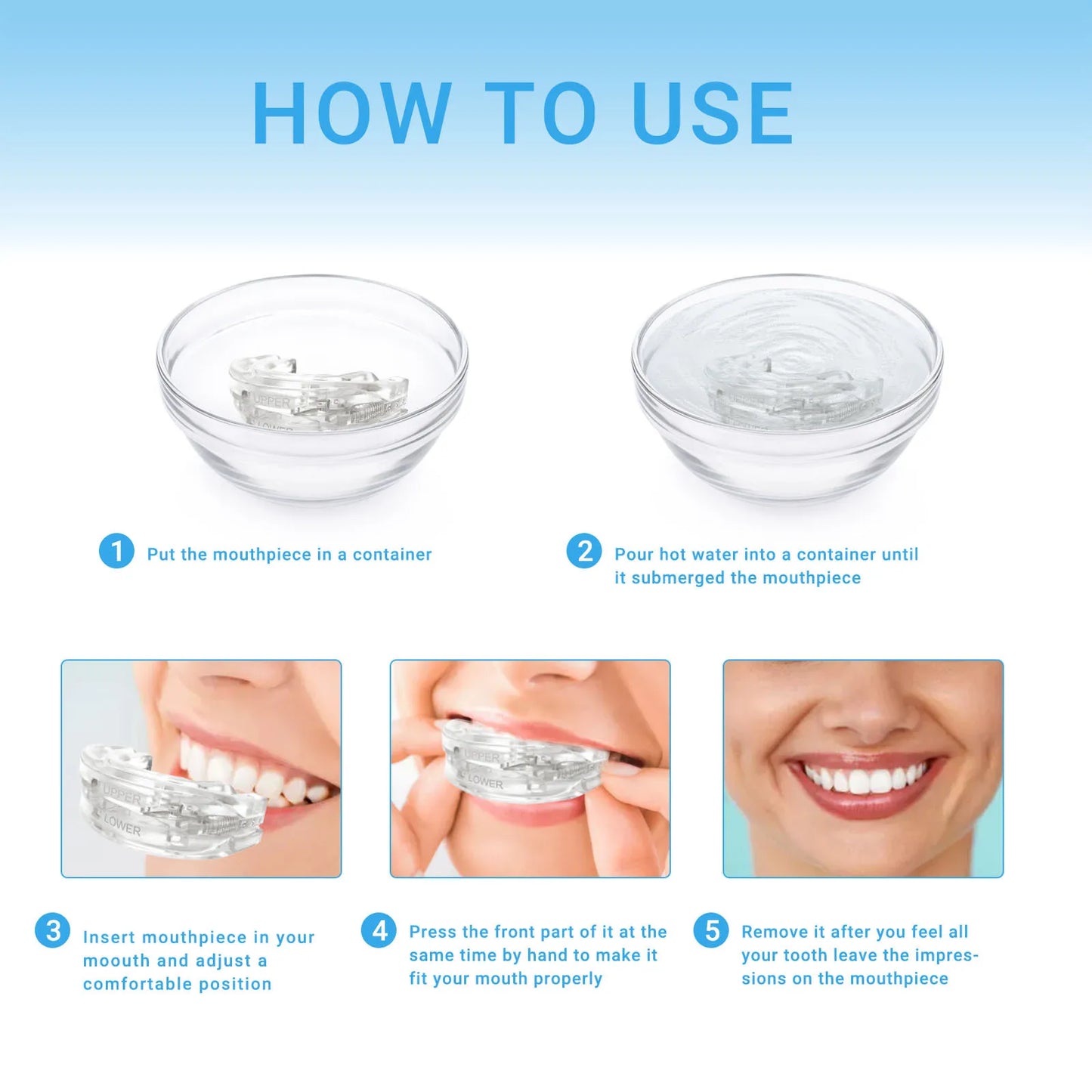 Diagram how to use the mouth piece mouth gard.