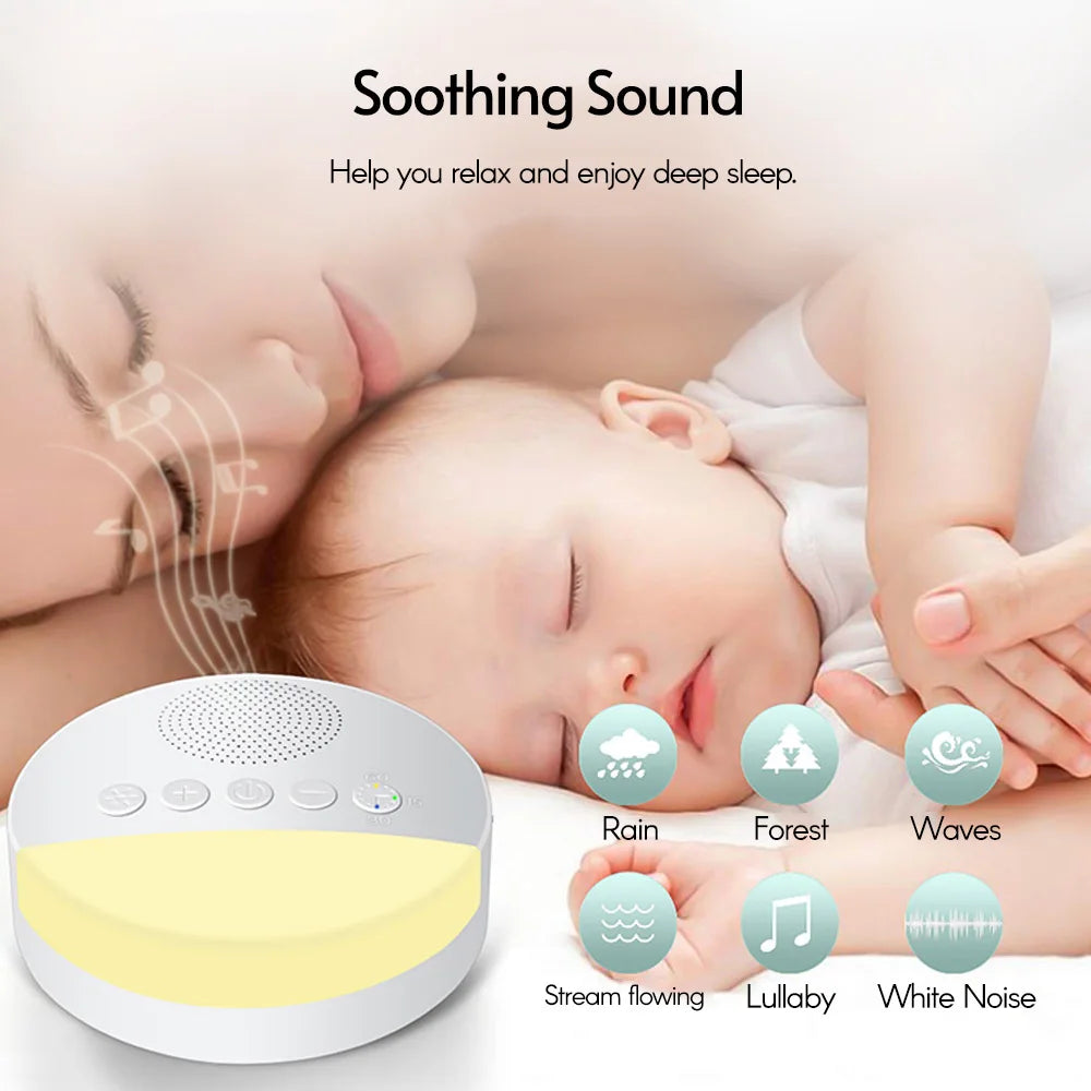 Baby sleeping soundly next to a white noise machine with various sound options displayed.