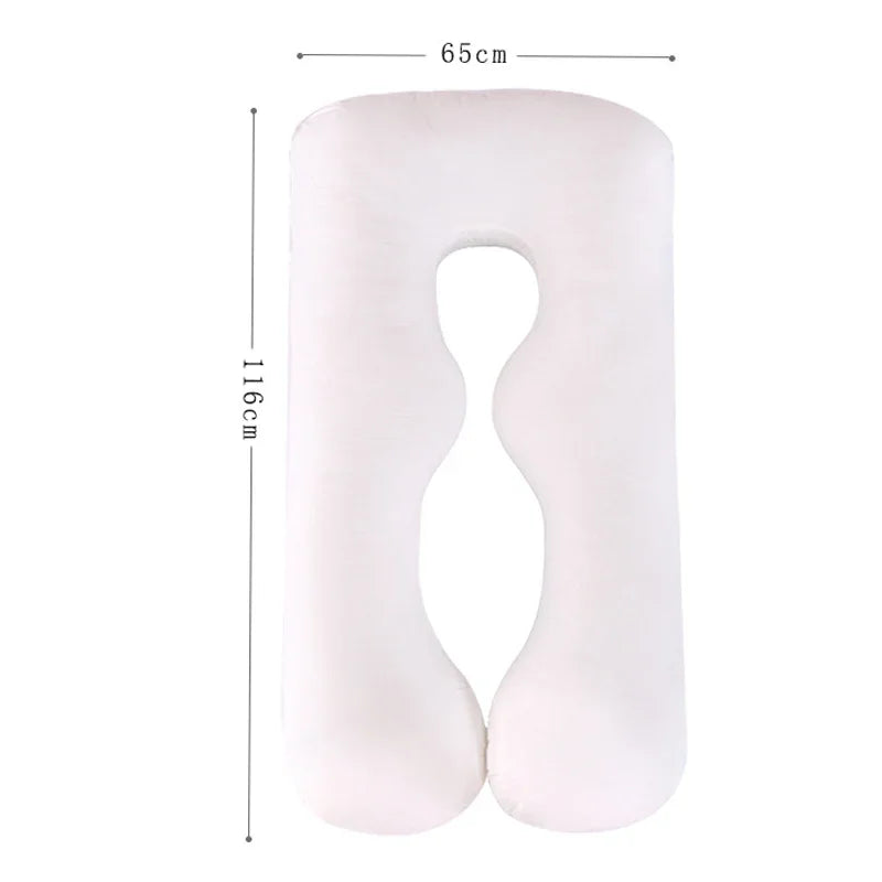 White U-shaped pillow with dimensions.