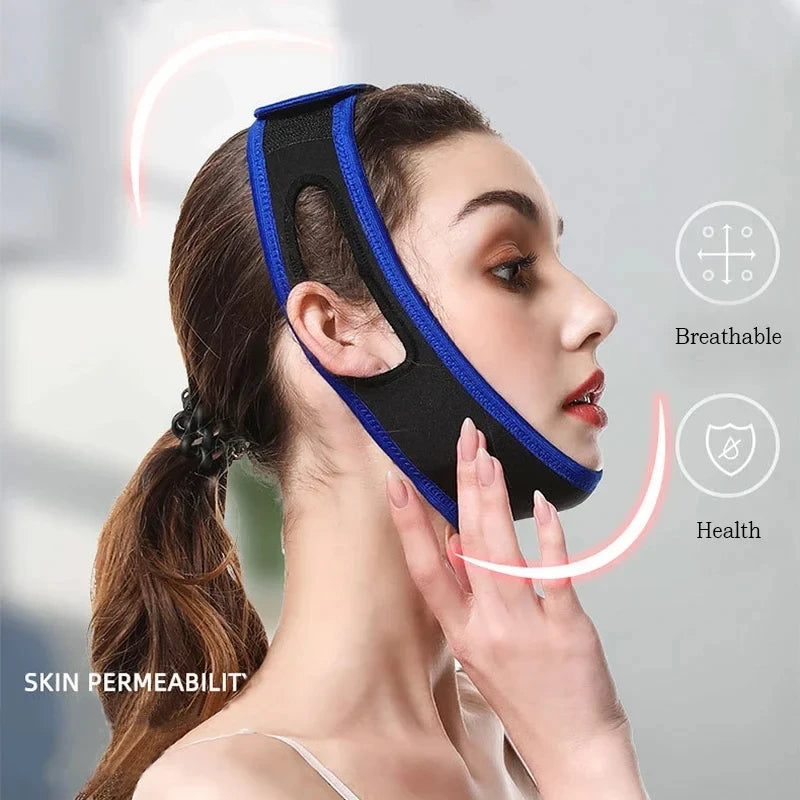 Woman wearing a blue anti snoring chin strap with text on skin permeability, health, and breathable features.