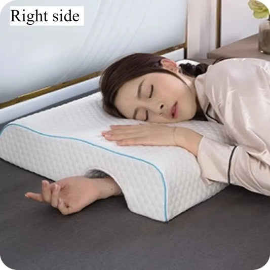 Woman side sleeping on orthopedic pillow.