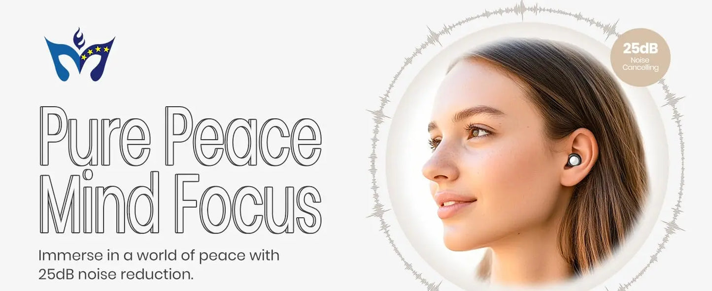 Woman using noise reduction earbuds and enjoying pure peace mind and focus when up to 25dB of noise has been reduced.