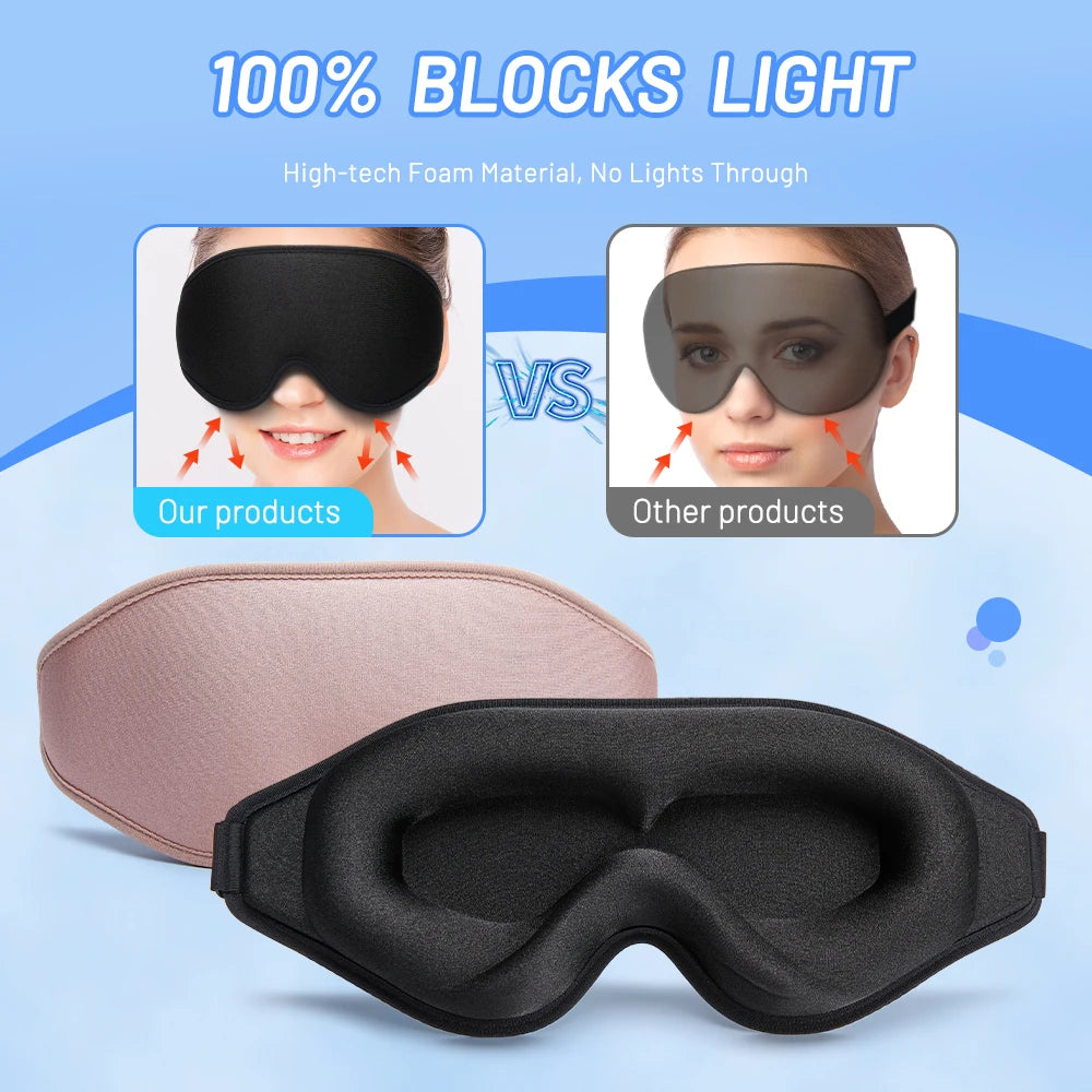 Black sleep mask blocks 100% light with foam material. Works better than other eye masks.