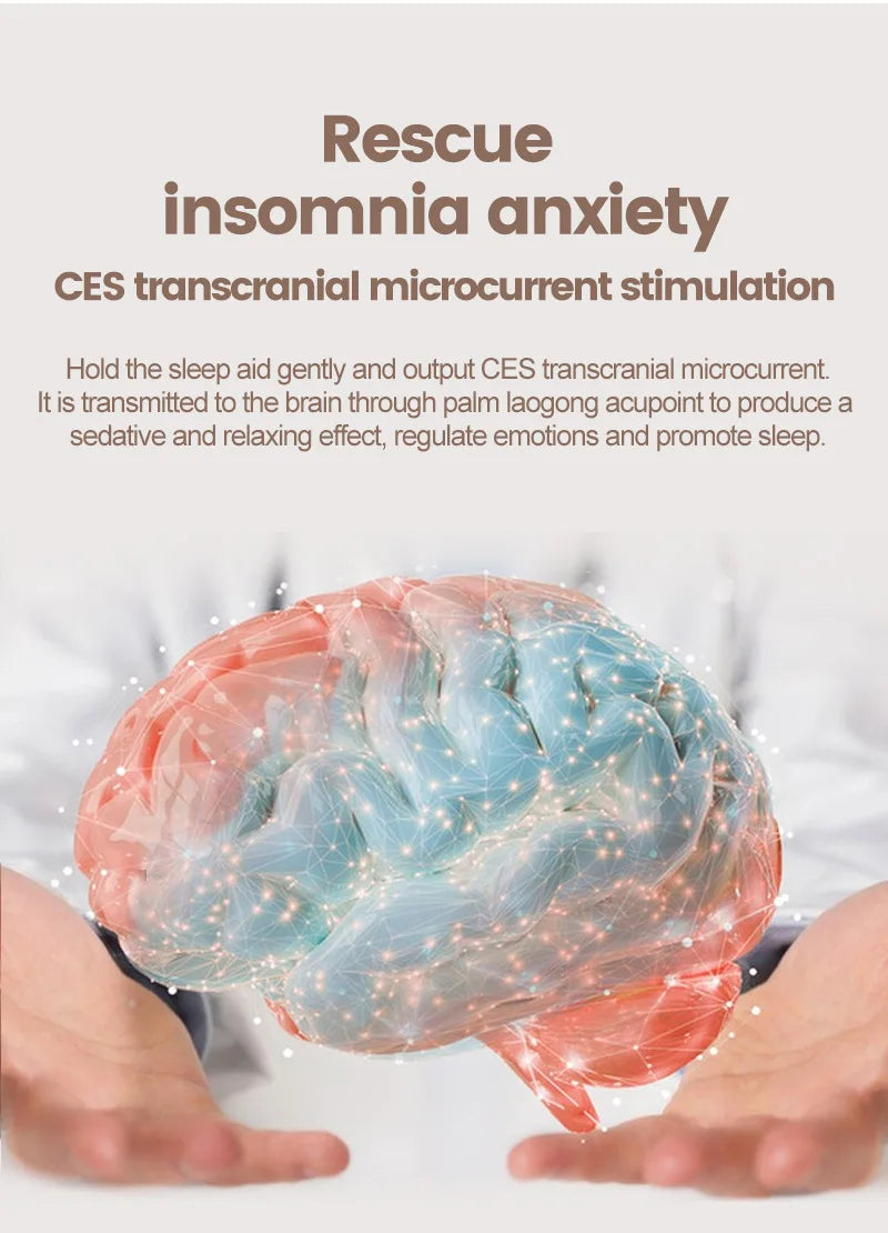 Hold the Cranial Electrotherapy Stimulation (CES) sleep aid gently to reduce tension, reduce stress, reduce anxiety, improve mood, emotions, insomnia.