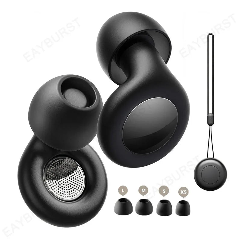Black wireless noise reduction earbuds with charging case and easy to carry around.