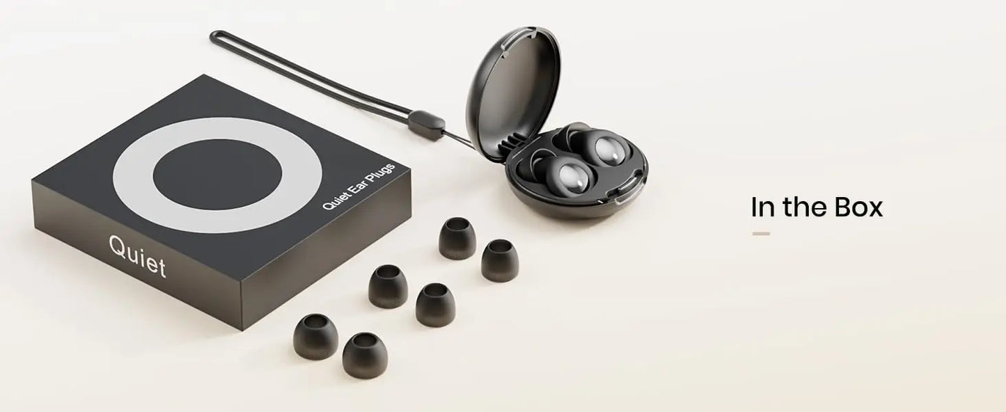 Black noise reduction earbud case with earbuds and accessories.
