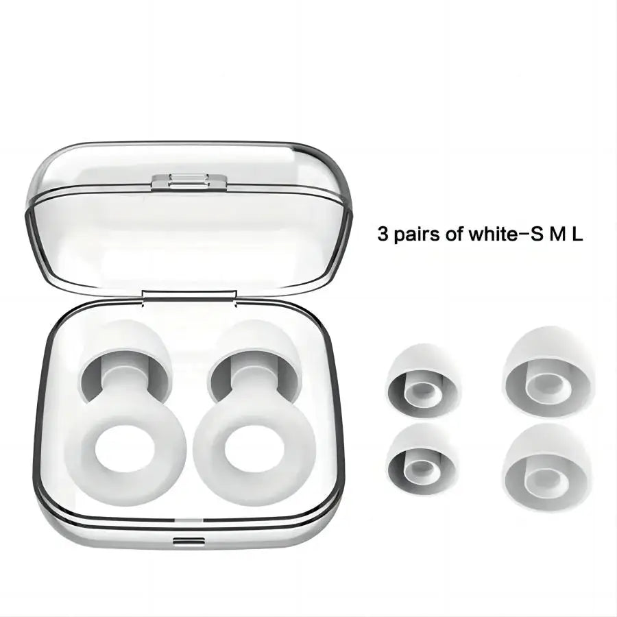 White earbud cases with open case and three pairs labeled S, M, L on a white background