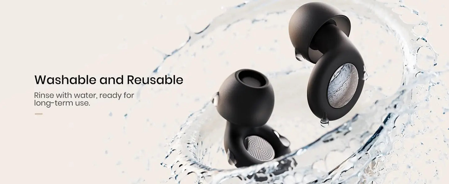 Black wireless noise reduction earbuds are washable and reusable.