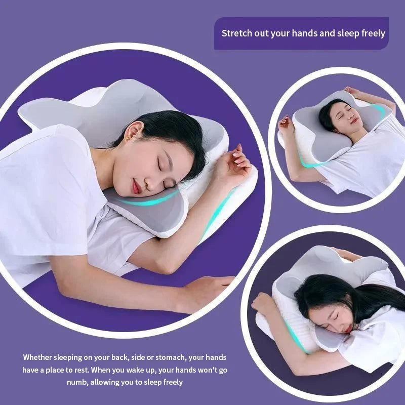 Woman using a neck and hand pillow resting well in different positions.