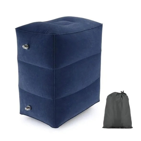 Blue inflatable ottoman with a grey carrying bag.