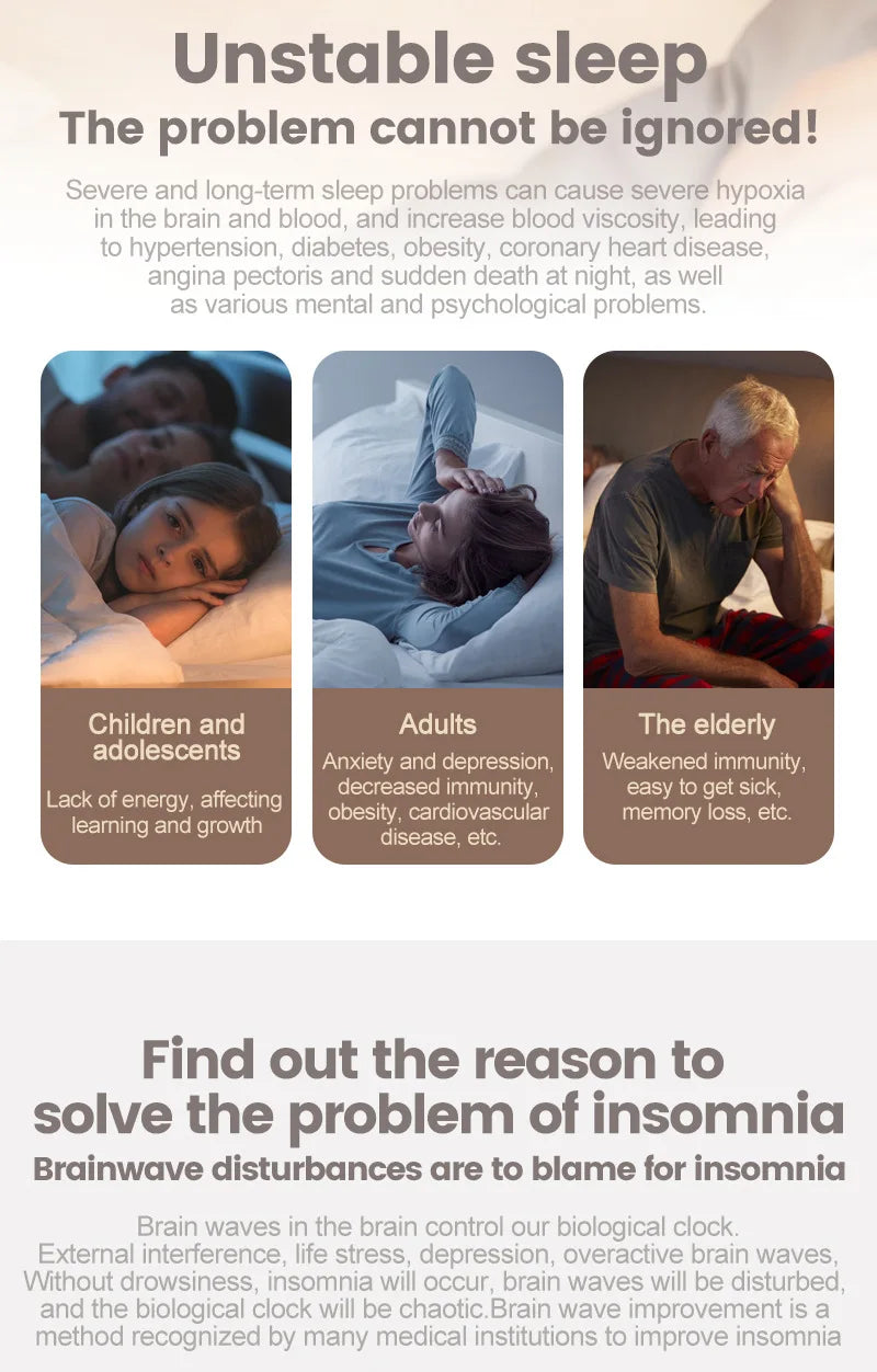 Unstable sleep is due to tension, stress, anxiety, depression. Long term sleep problems can cause severe hypoxia in the brain and blood. Brainwaves disturbances are to blame for insomnia.