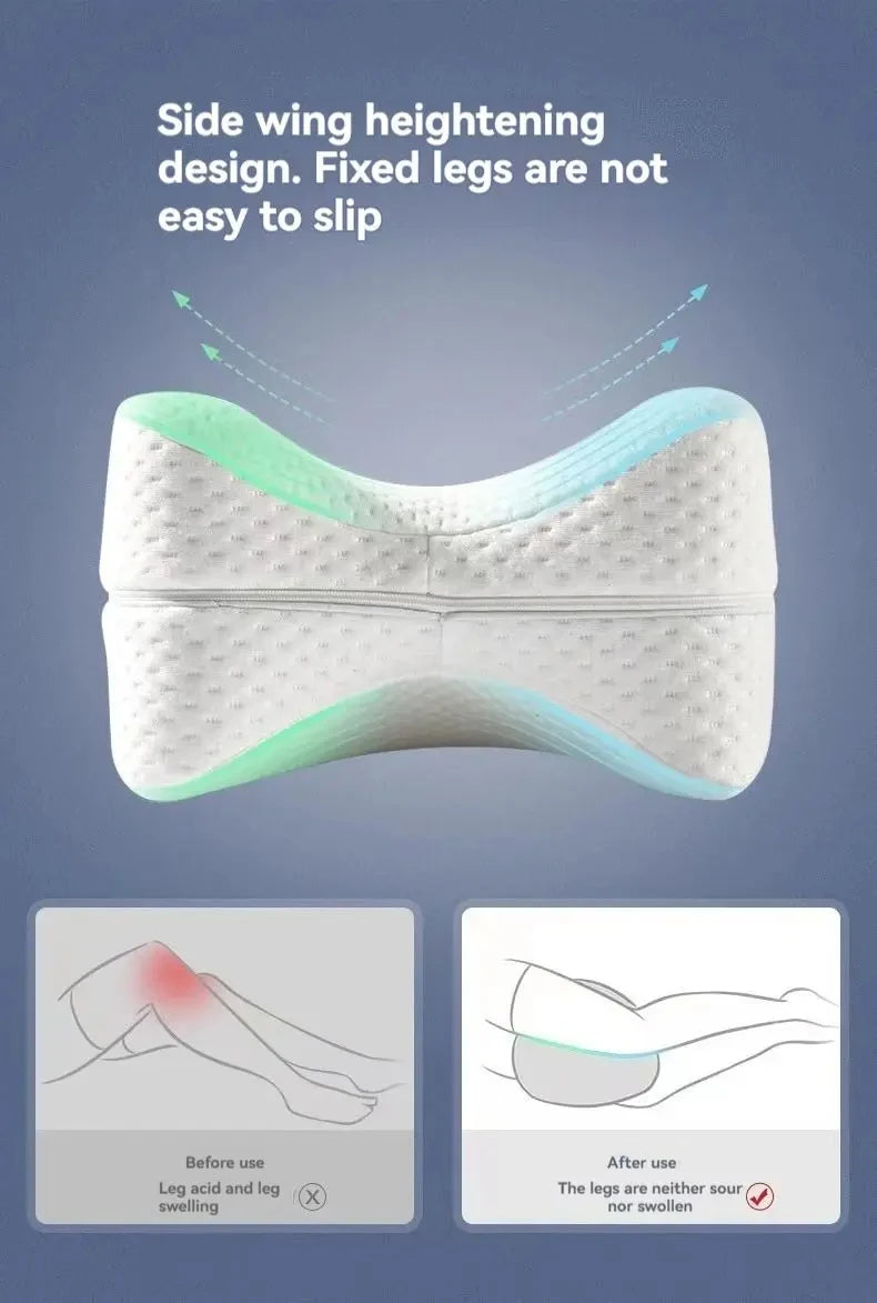 Close up view of the heart-shaped leg pillow with contour design that helps with post operation recovery, reduce leg swelling allowing user to sleep better.