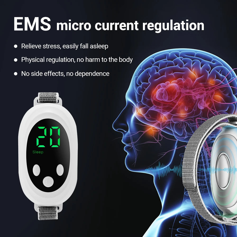 Sleeping device uses Cranial Electrotherapy Stimulation (CES) therapy to reduce tension, reduce stress, reduce anxiety, improve mood, emotions, insomnia. With no harmful side effects or dependence.