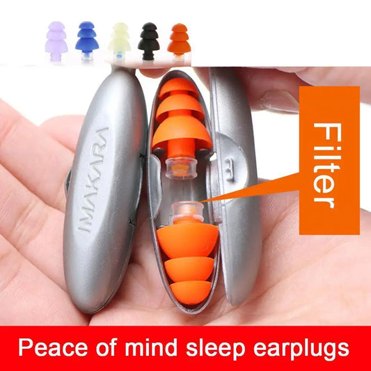 IMAKARA sleep earplugs with orange filters in a clear case held in a hand.